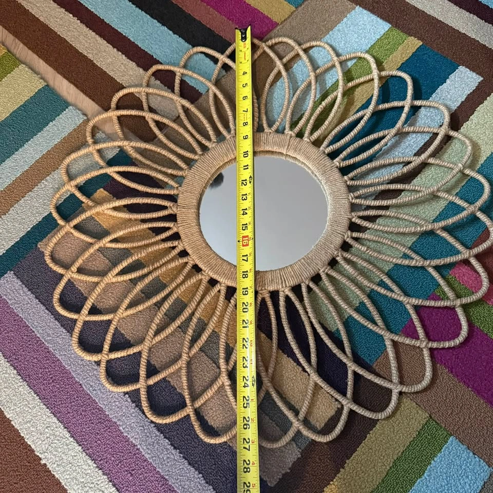 Large Boho Sunburst Wall Mirror – 28” Natural Rope Floral Design - photo 5