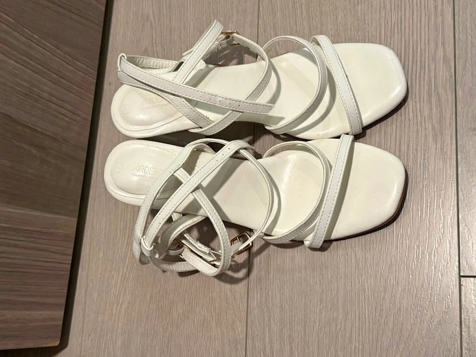White Strappy Ankle-Wrap Block Heel Sandals - Size 6
