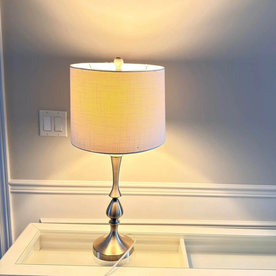 Brushed Nickel Table Lamp with White Drum Shade