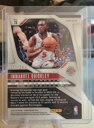 2024-25 Prizm Immanuel Quickley Pink Pulsar Prizm /249 - photo 2