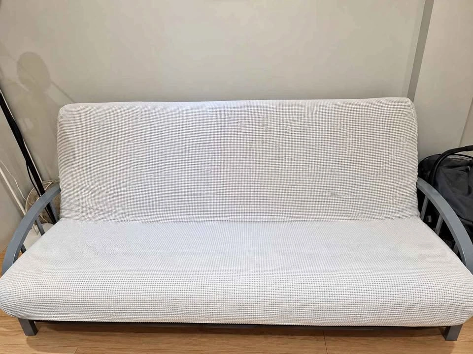Grey Metal Futon Sofa Bed with Mattress and White Cover
