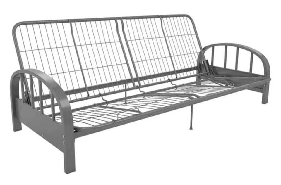 Grey Metal Futon Sofa Bed with Mattress and White Cover - photo 2