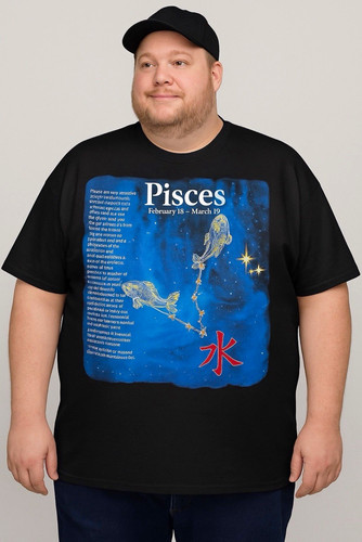 R.P.M Pisces Zodiac Graphic Print Men's Black T-Shirt 2XL