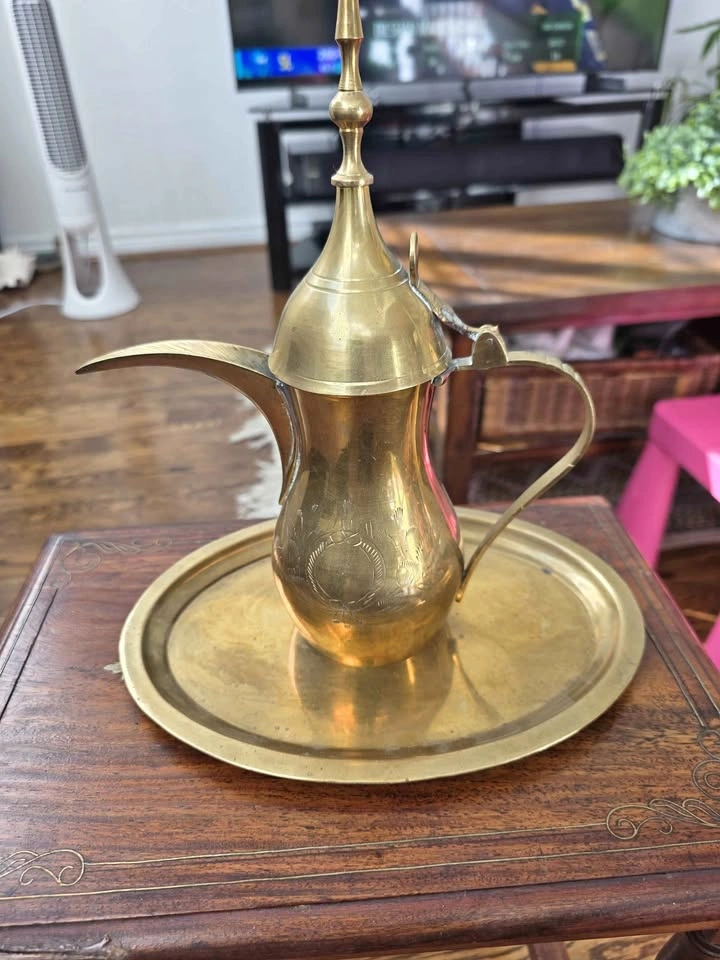 Vintage New Brass Arabic Dallah Coffee Pot with Used Tray