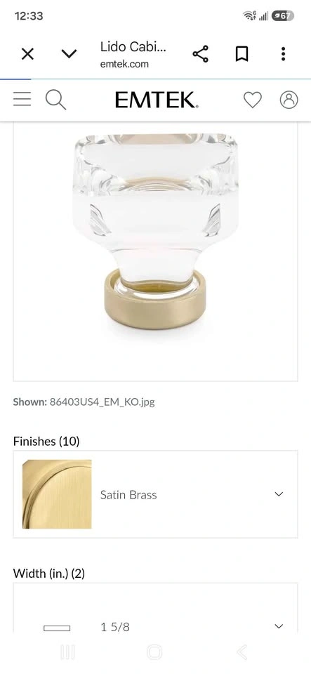 Set of 4 Emtek Lido Clear Glass Knobs - 1-5/8" Satin Brass - photo 2