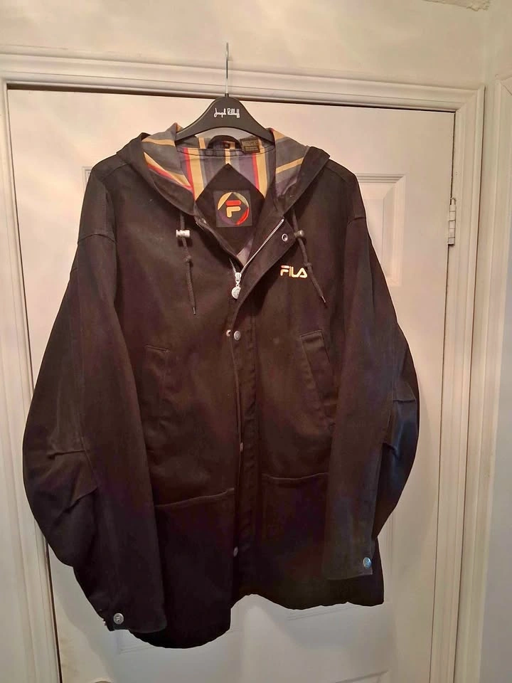 Vintage 1990s Fila Black Hooded Mid-Length Denim Parka Jacket