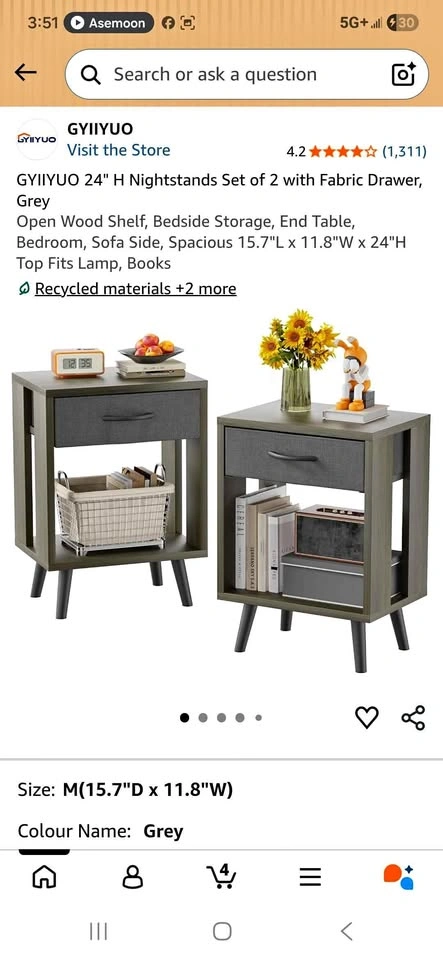 GYIIYUO 24" H Nightstands Set of 2 with Fabric Drawer, Grey