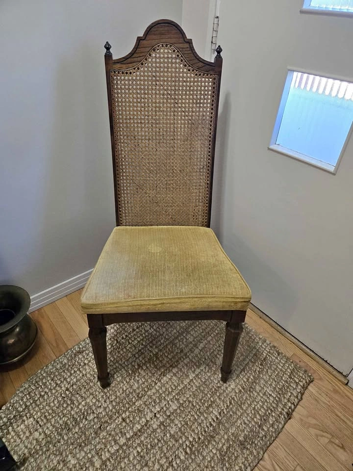 Vintage High-Back Cane Accent Chair – Solid Wood