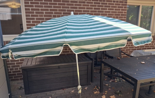 Green and White Striped Crank Patio Umbrella