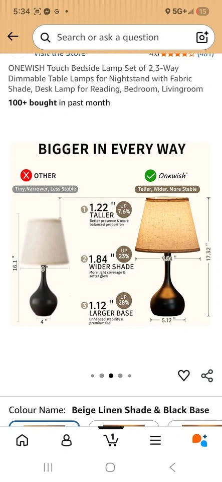 ONEWISH Touch Bedside Lamp Set of 2 - photo 3