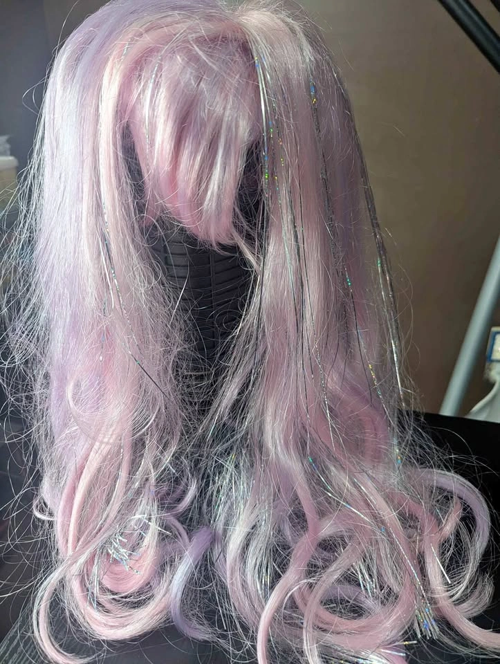 Lavender Costume Wig with Silver Tinsel – Long