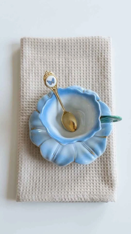 Blue Flower Teacup and Saucer Set with Butterfly Spoon - photo 2