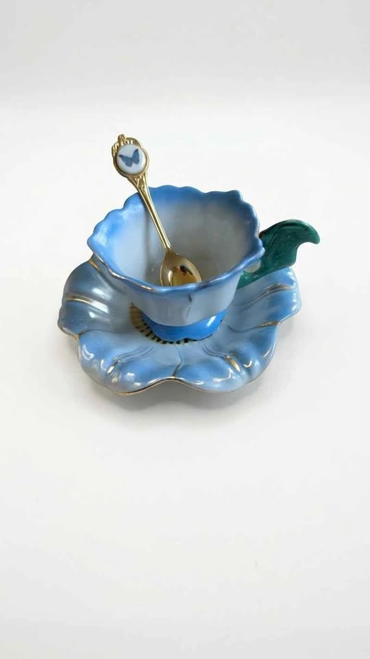 Blue Flower Teacup and Saucer Set with Butterfly Spoon - photo 3