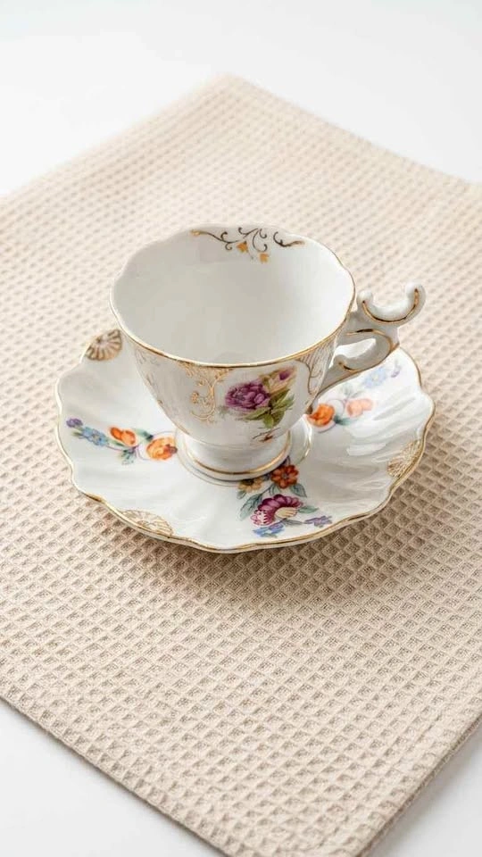 Vintage Floral Porcelain Teacup and Saucer Set with Gold Trim