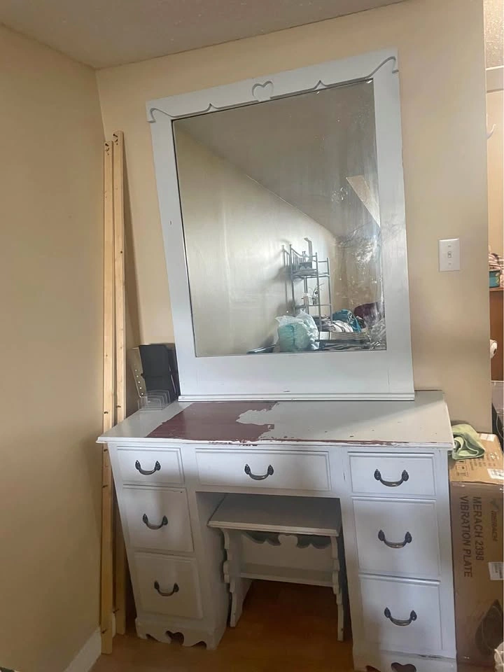 Vintage White Vanity Desk with Mirror and Stool