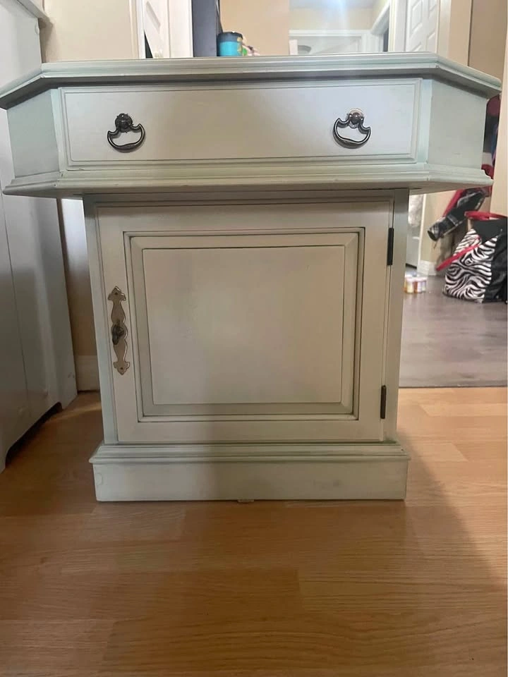 Vintage Octagonal Sage Green End Table with Drawer and Cabinet