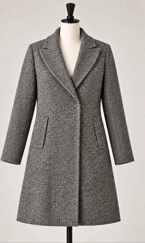 Women's Grey Herringbone Wool Coat – Size 38