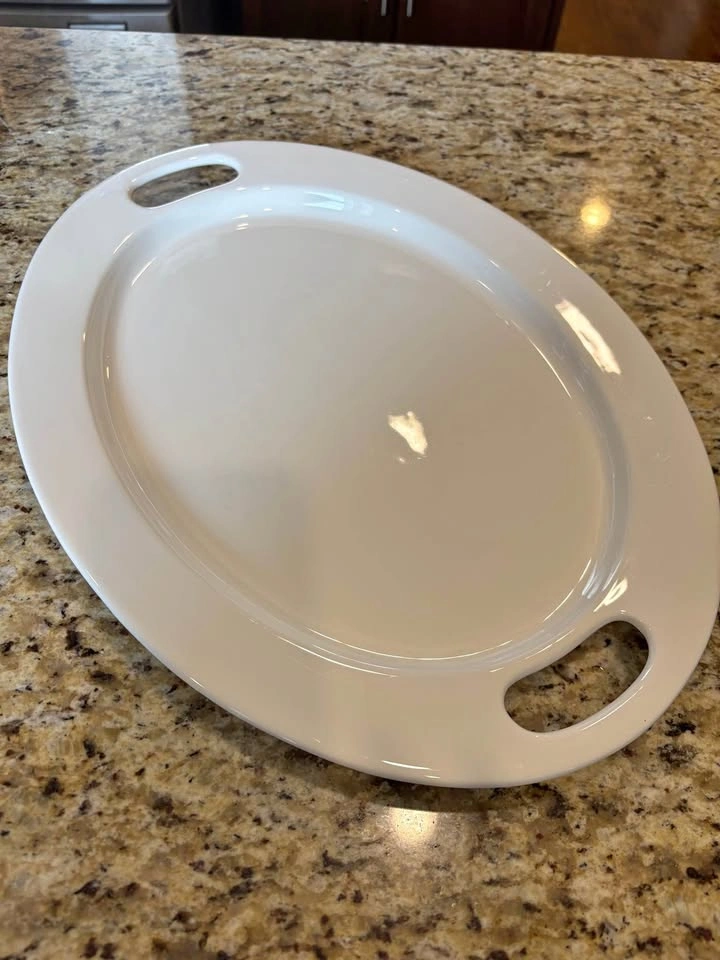 For Living White Ceramic Oval Serving Platter with Handles