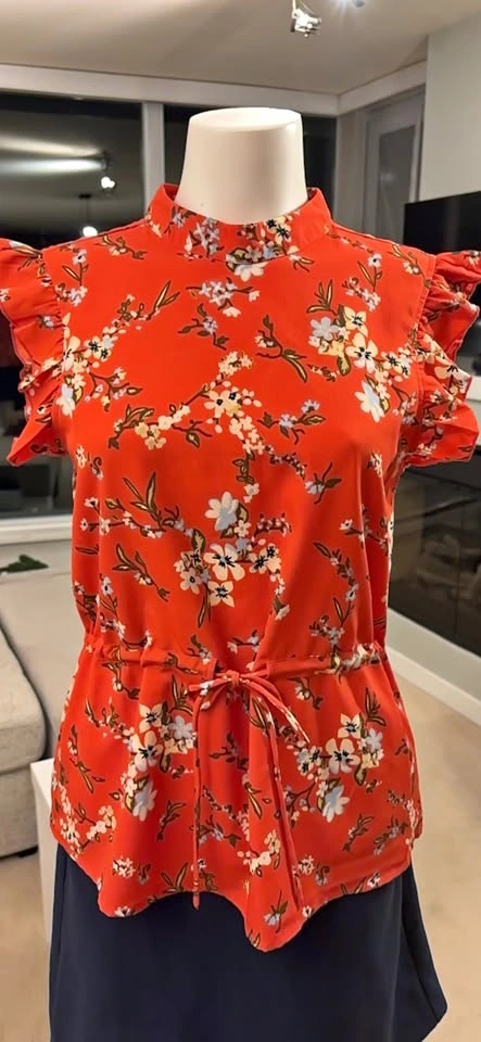 VERO MODA Red Floral Ruffle Neck Drawstring Waist Blouse