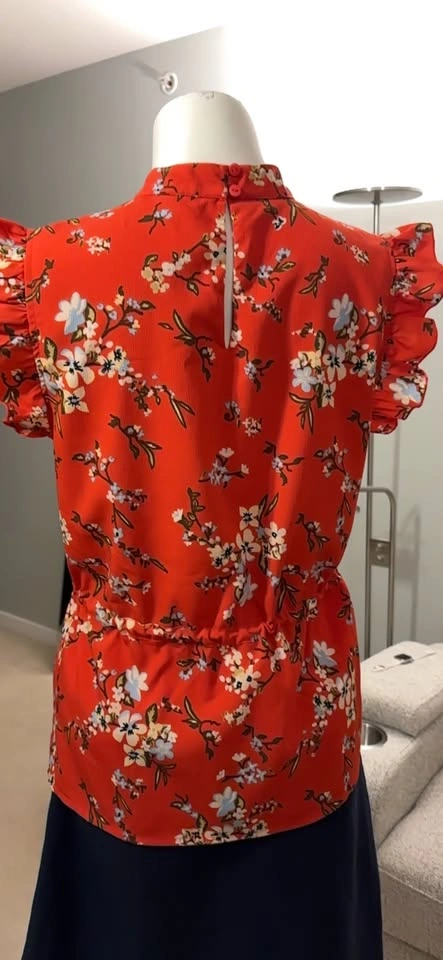 VERO MODA Red Floral Ruffle Neck Drawstring Waist Blouse - photo 2