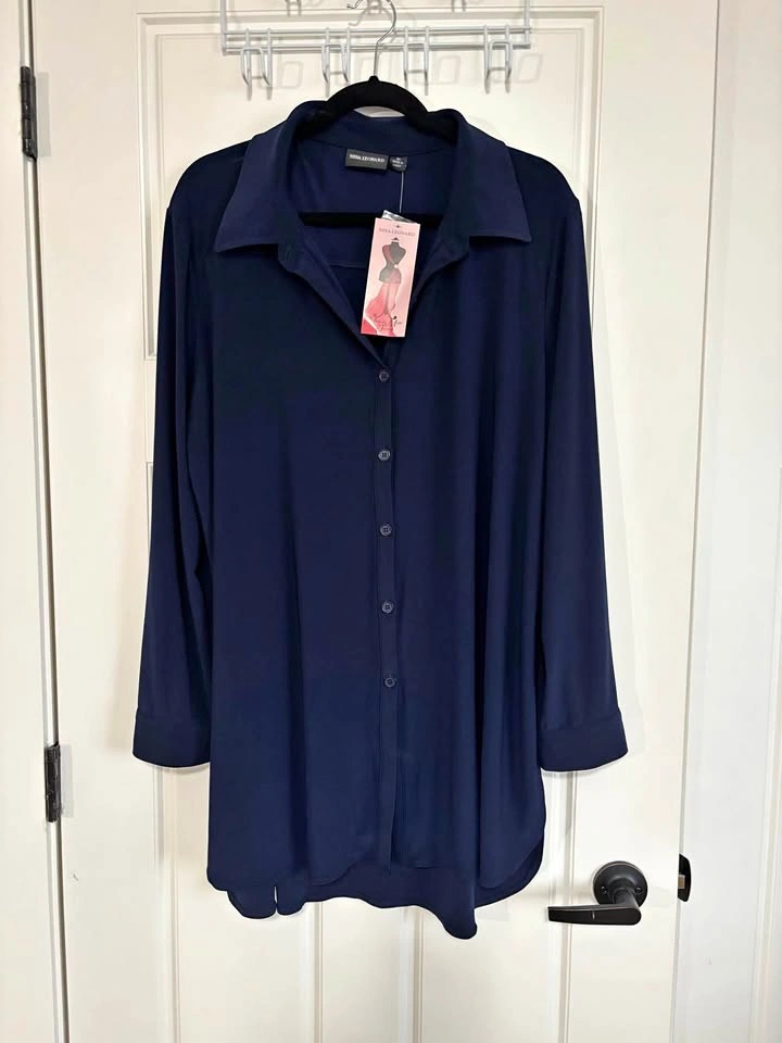 Nina Leonard Miracle Navy Blue Matte Jersey Button-Down Shirt, S
