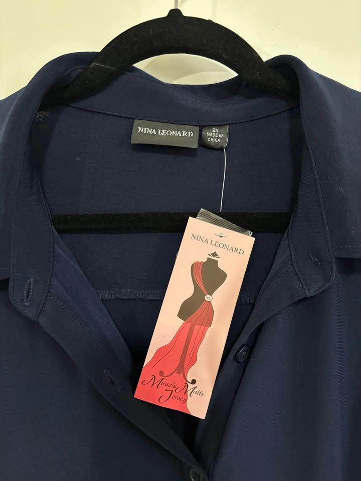 Nina Leonard Miracle Navy Blue Matte Jersey Button-Down Shirt, S - photo 2