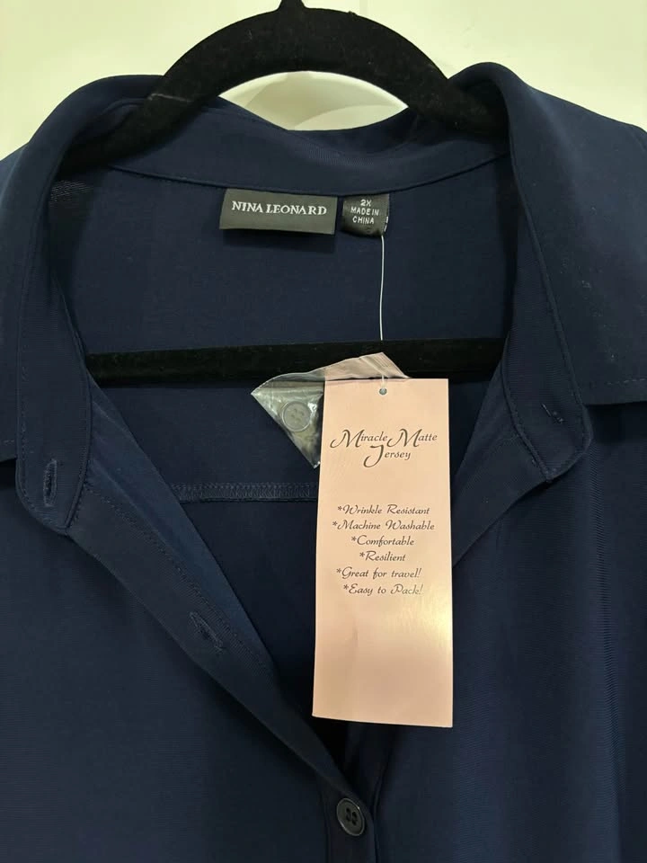 Nina Leonard Miracle Navy Blue Matte Jersey Button-Down Shirt, S - photo 3
