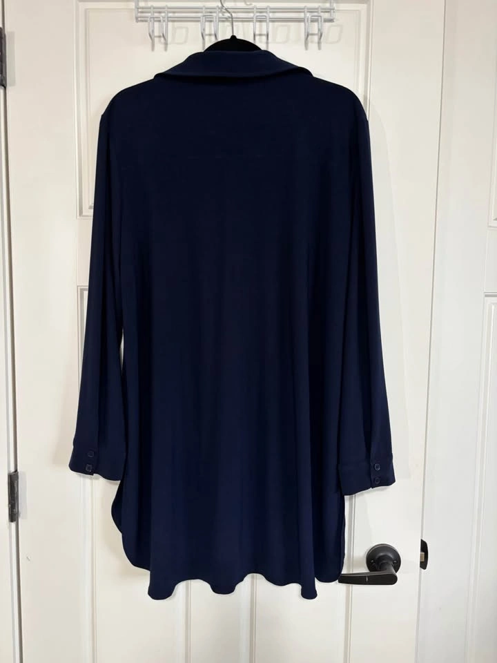 Nina Leonard Miracle Navy Blue Matte Jersey Button-Down Shirt, S - photo 4