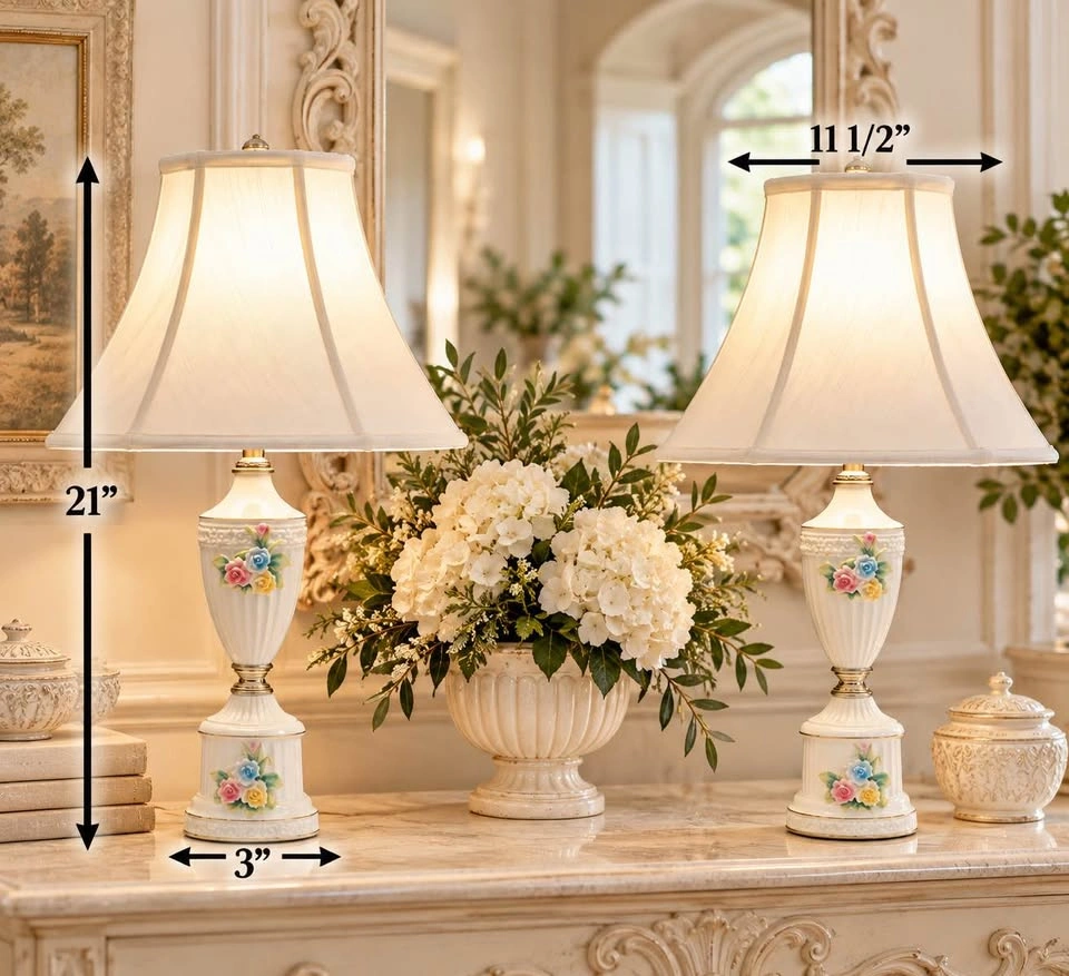 Table Lamps PAIR Vintage Porcelain Delicate Raised Florals - photo 5