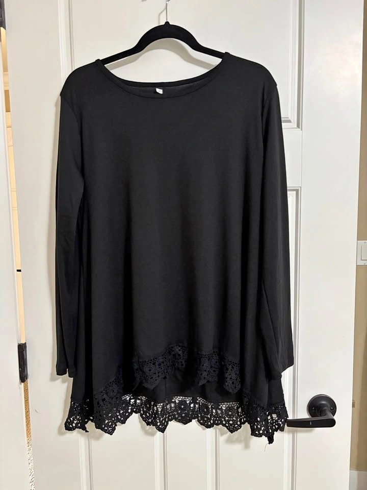 Black Long Sleeve Lace Trim Tunic Top - Size XL