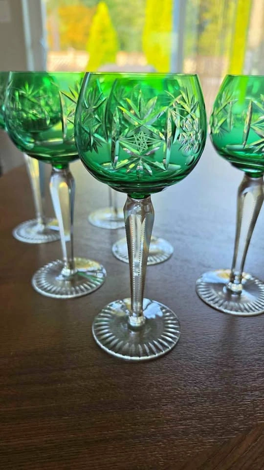 Set of 6 Green Cut-to-Clear Crystal Wine Glasses