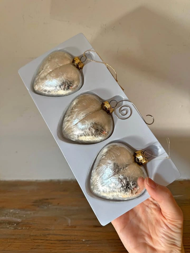Vintage Silver Glass Heart Christmas Ornaments – Set of 3