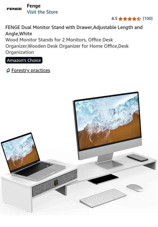 FENGE Dual Monitor Stand with Drawer, Adjustable Length and Angl