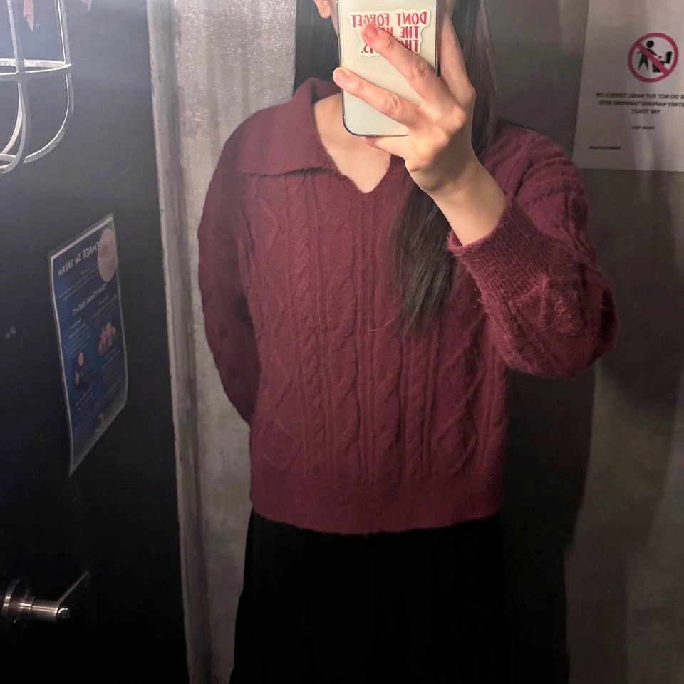 Burgundy cherry Cable Knit Polo Sweater