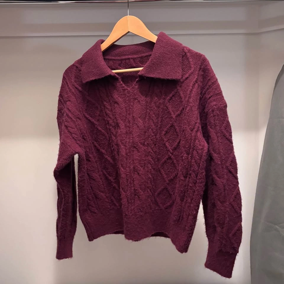 Burgundy cherry Cable Knit Polo Sweater - photo 2