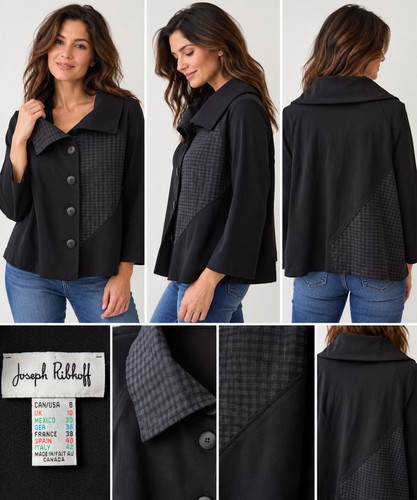 Joseph Ribkoff Womens Jacket Size 8 Black Gray Plaid Button Fron