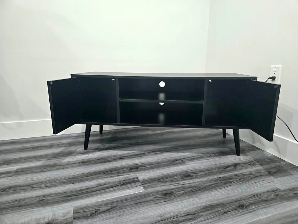 Black TV Stand / Media Console with Cabinets & Shelves