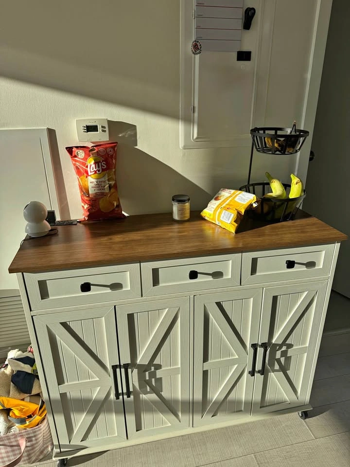 White Rolling Kitchen Island with Drop-Leaf Wood Top