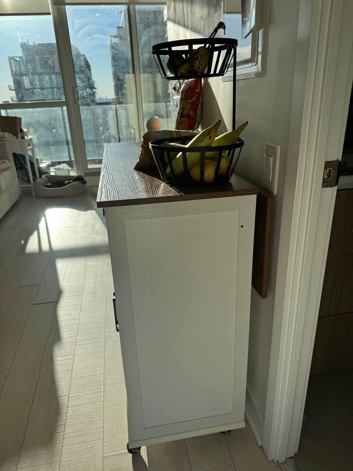 White Rolling Kitchen Island with Drop-Leaf Wood Top - photo 2