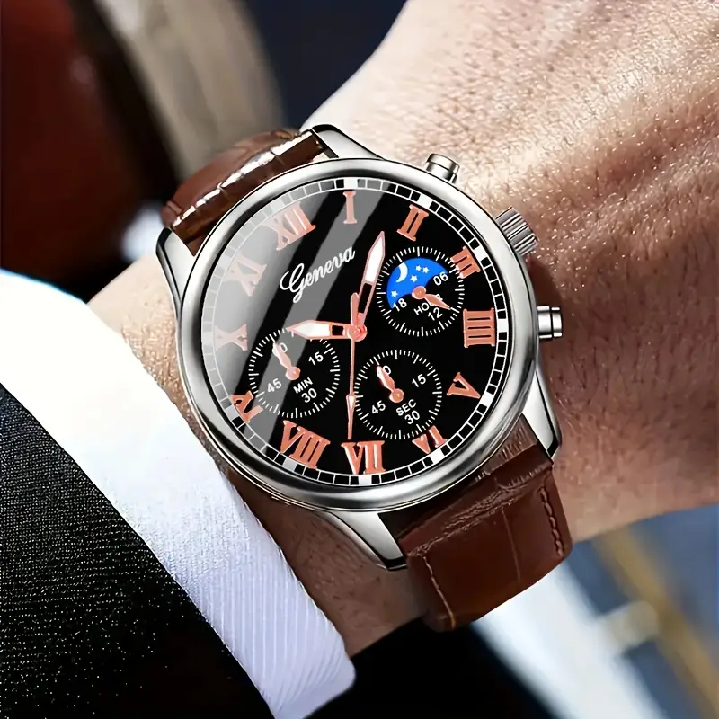 Geneva Men Quartz Watch - Luxury Leather Strap (USED) - photo 2