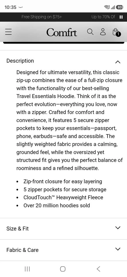Comfrt Travel Essentials Zip Hoodie medium size unisex - photo 4