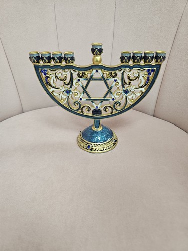 Blue and Gold Enamel Menorah Ornate Jeweled 7"