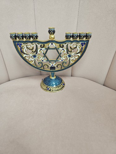 Blue and Gold Enamel Menorah Ornate Jeweled 7" - photo 2