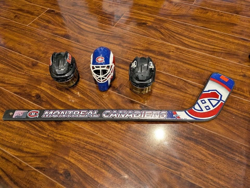 NHL hockey merch: stick and mini helmet