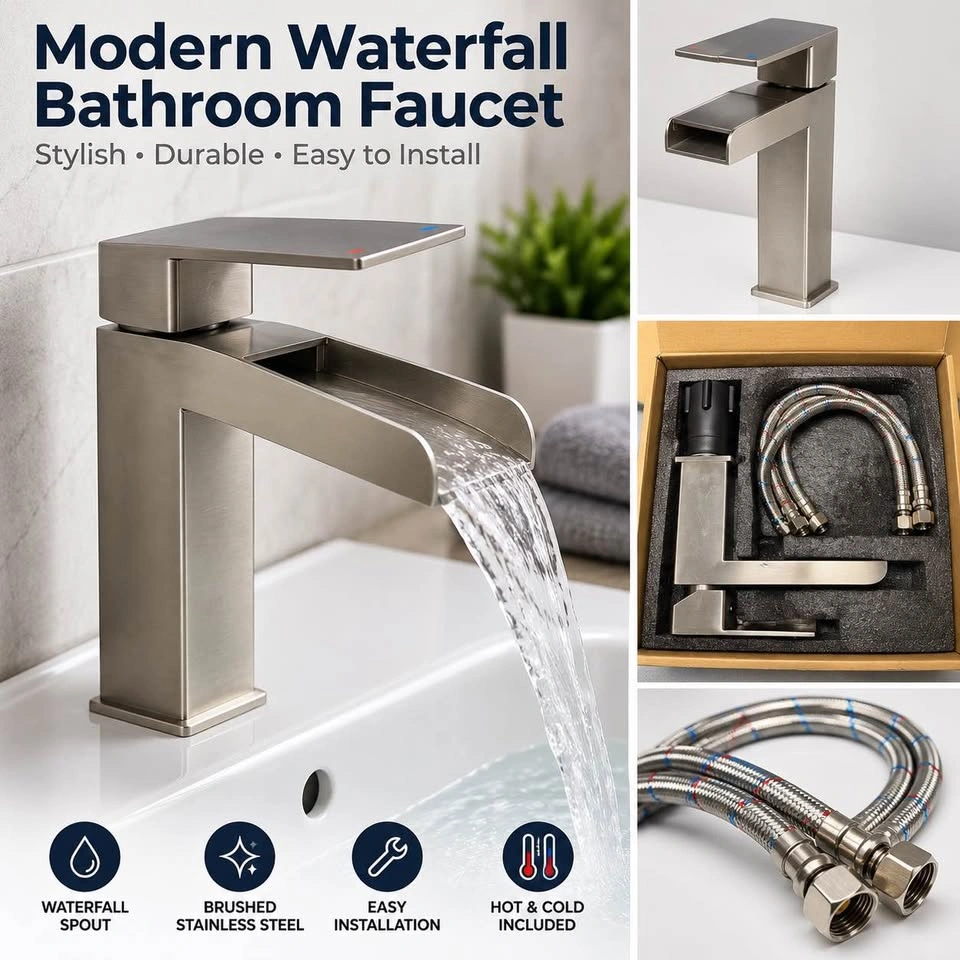 Modern Waterfall Bathroom Faucet – Brushed Nickel – New in Box - photo 2