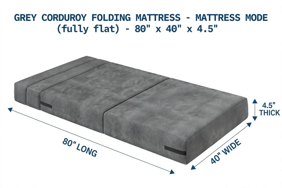 Grey Corduroy Twin XL Folding Mattress 80"x40"x4.5" - photo 2