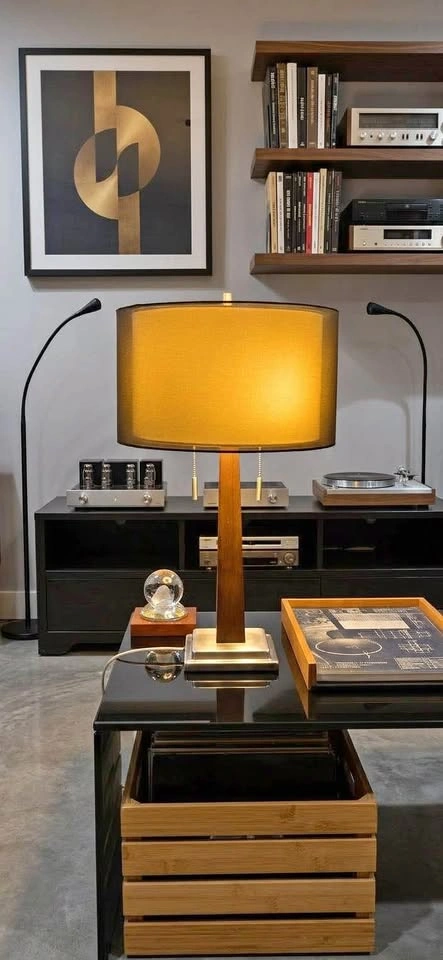 MCM style Wood Table Lamp - Dual Bulb - Yellow Drum Shade