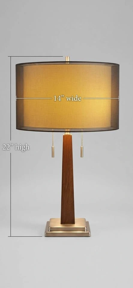 MCM style Wood Table Lamp - Dual Bulb - Yellow Drum Shade - photo 2