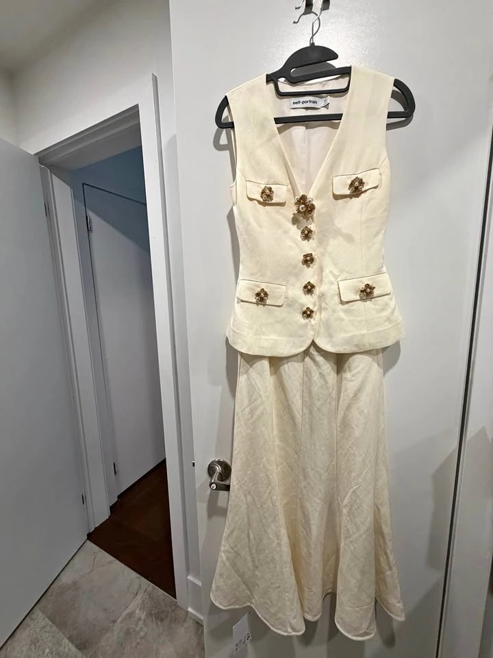 New Self-Portrait Cream Linen Vest and Skirt Set