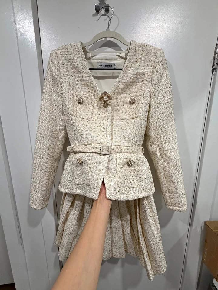 New Self-Portrait Cream Tweed Jacket and Skirt Set